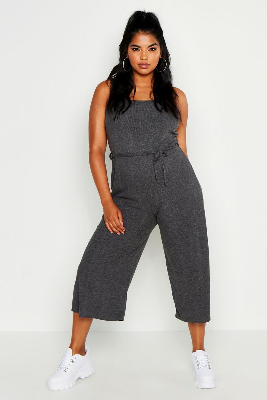 Grey Plus Rib Ruffle Strap Tie Waist Culotte Jumpsuit image number 1