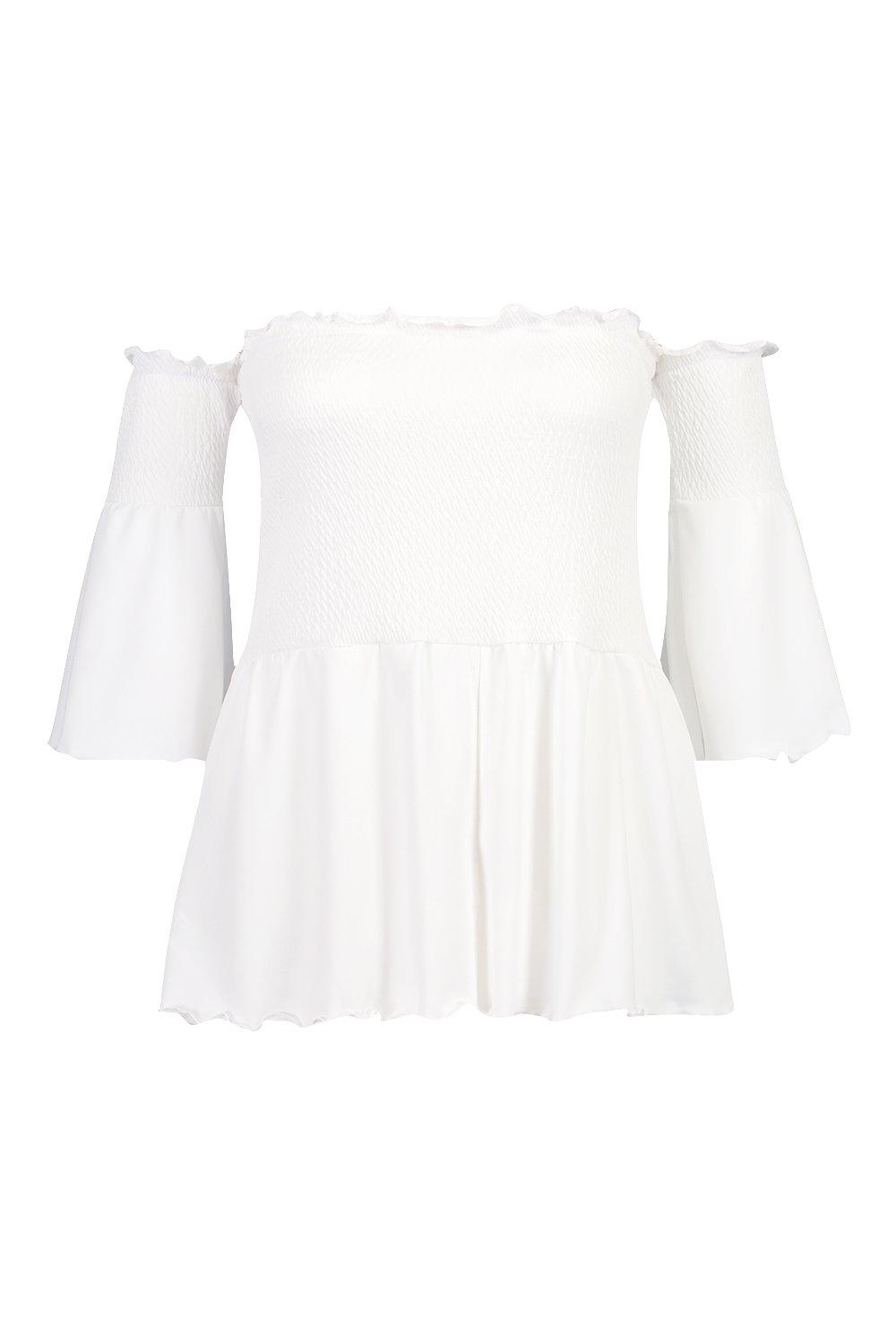 Plus Shirred Bardot Peplum Top