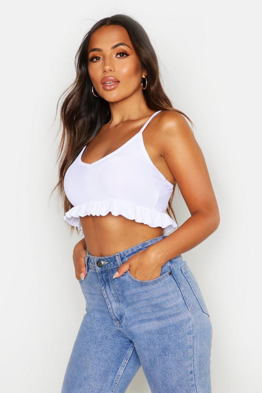 White Petite Ruffle Ribbed Crop Top image number 1