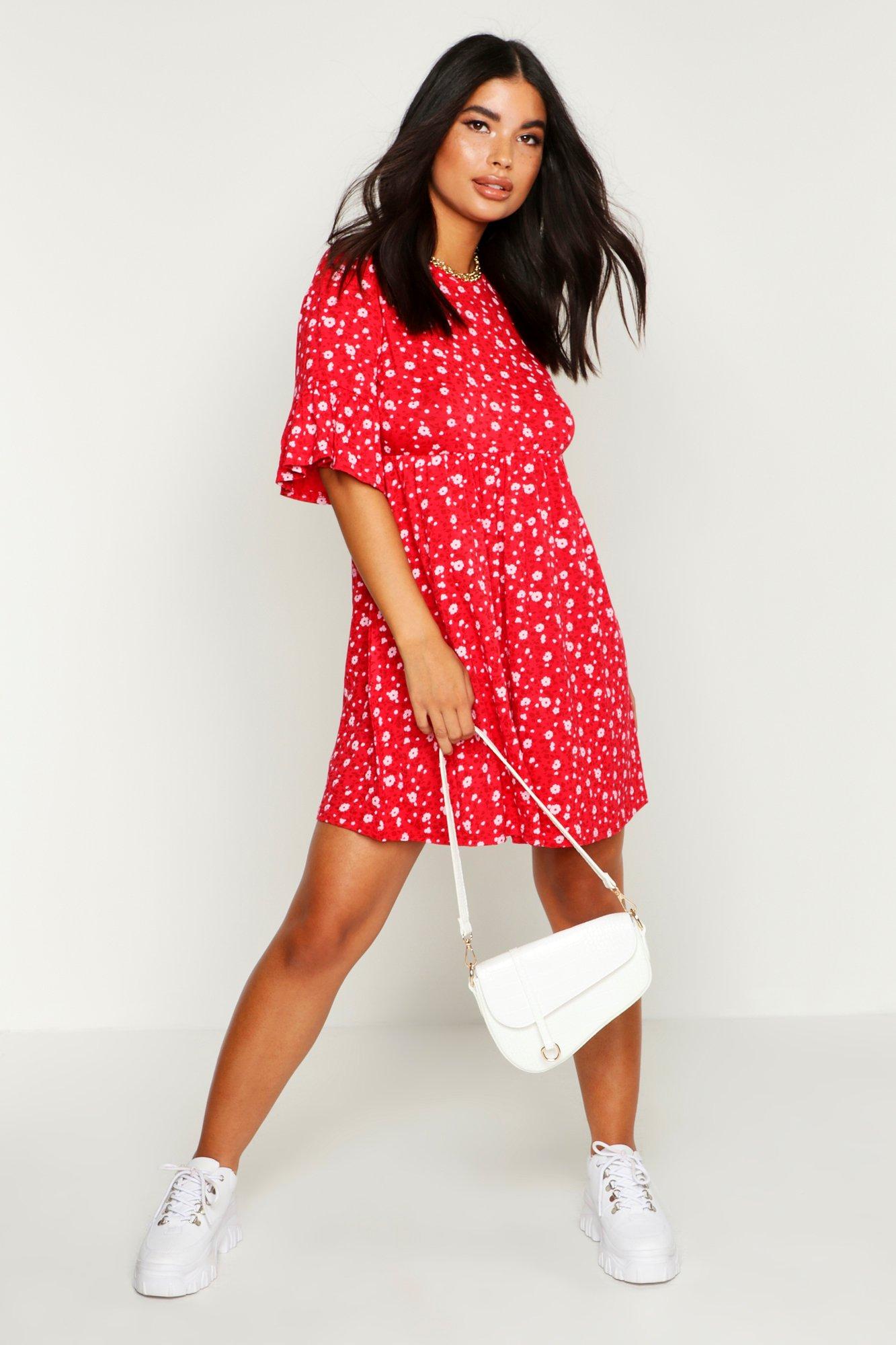 red ditsy print tea dress