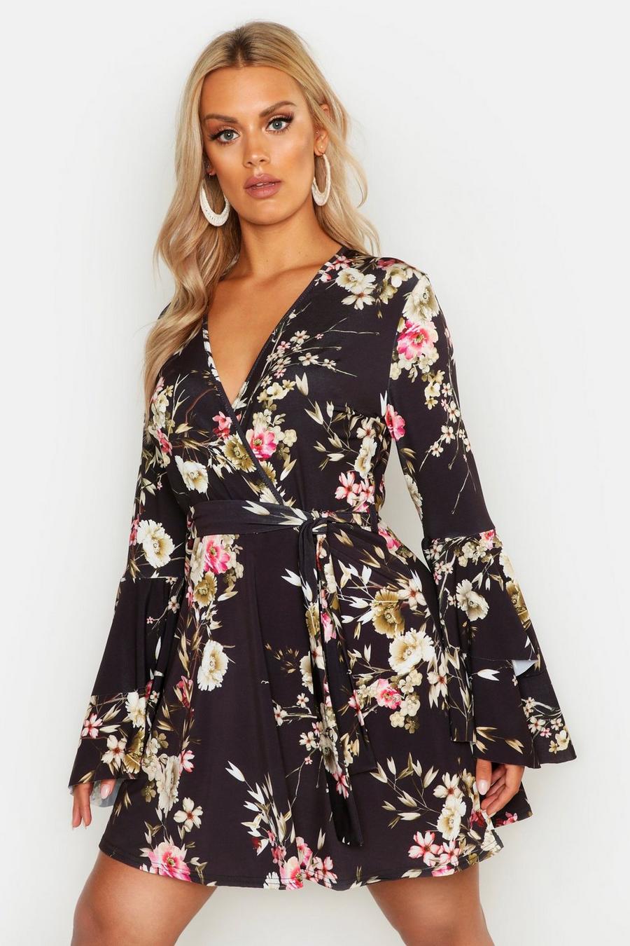 Plus Floral Wrap Extreme Ruffle Sleeve Dress image number 1