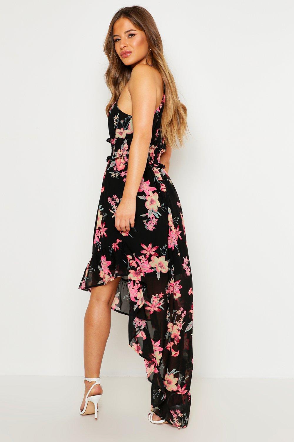 Petite Floral Shirred Waist Dress in Pink
