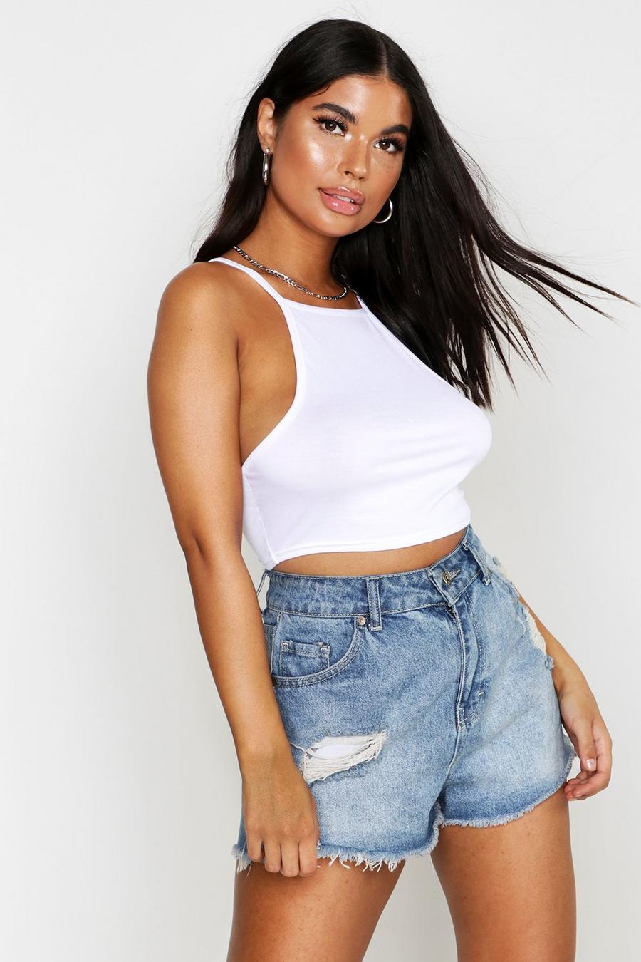 White Petite High Neck Cross Back Crop Top image number 1