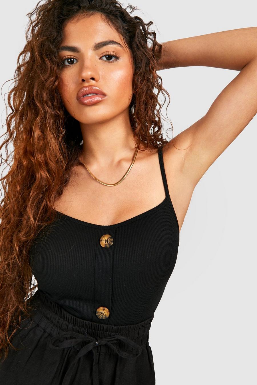 Black Petite Rib Mock Horn Button Cami Top image number 1