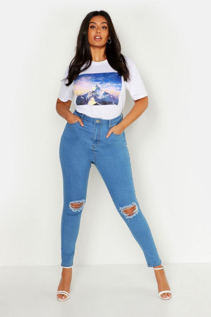 דהוי קלות טייץ ג'ינס סקיני עם קרע בברך מידות גדולות image number 1