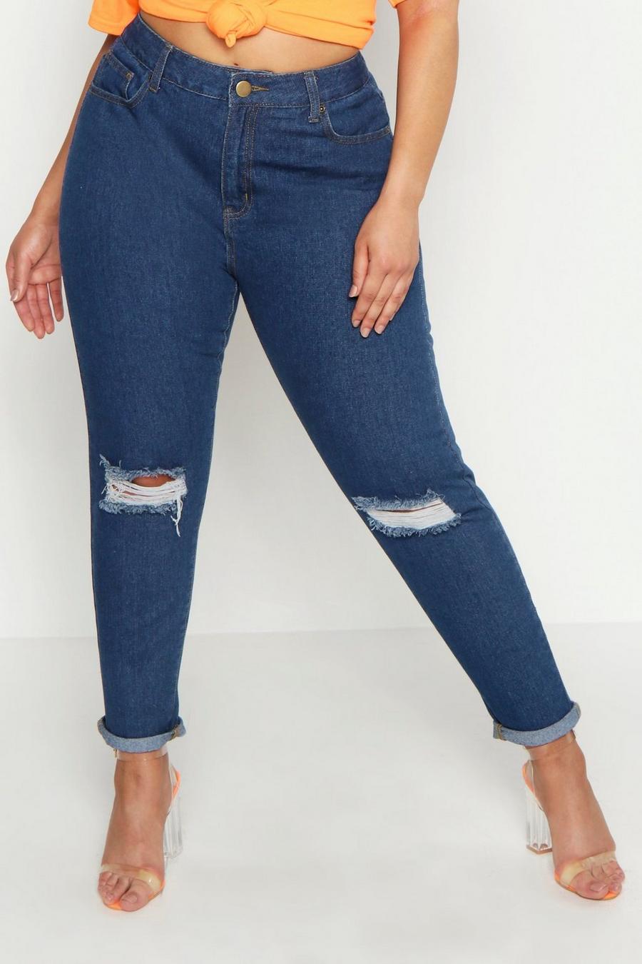 Mid wash Plus - Mom jeans med slitna knän image number 1