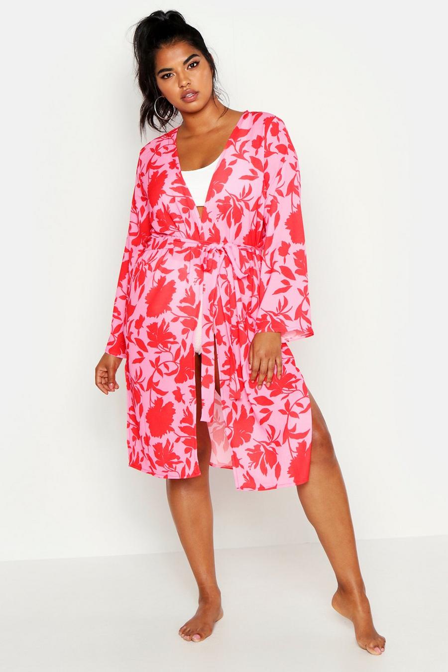 Kimono longuette Plus con cintura e stampa floreale brillante image number 1