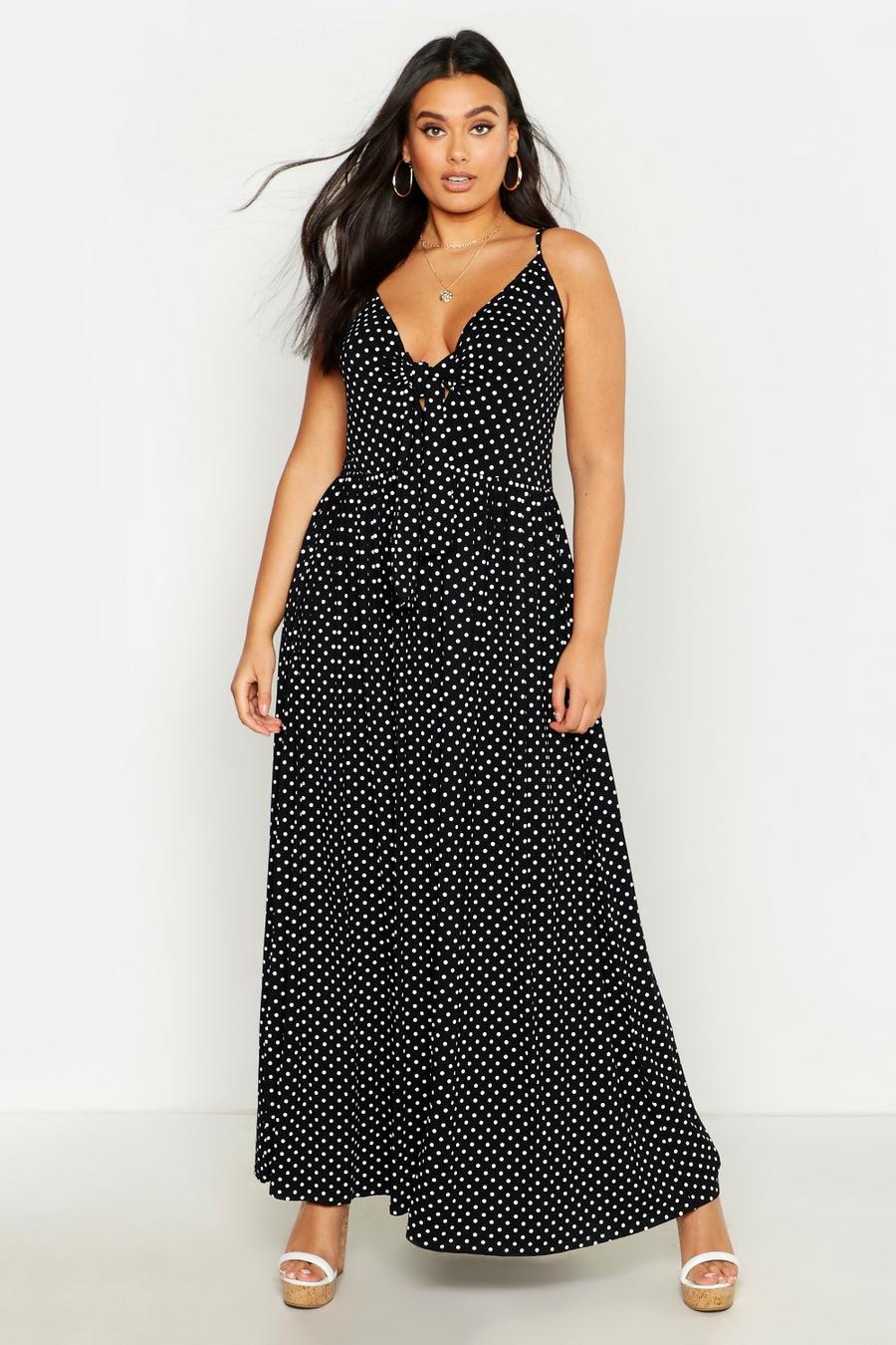 Black Plus Polka Dot Strappy Knot Front Maxi Dress image number 1