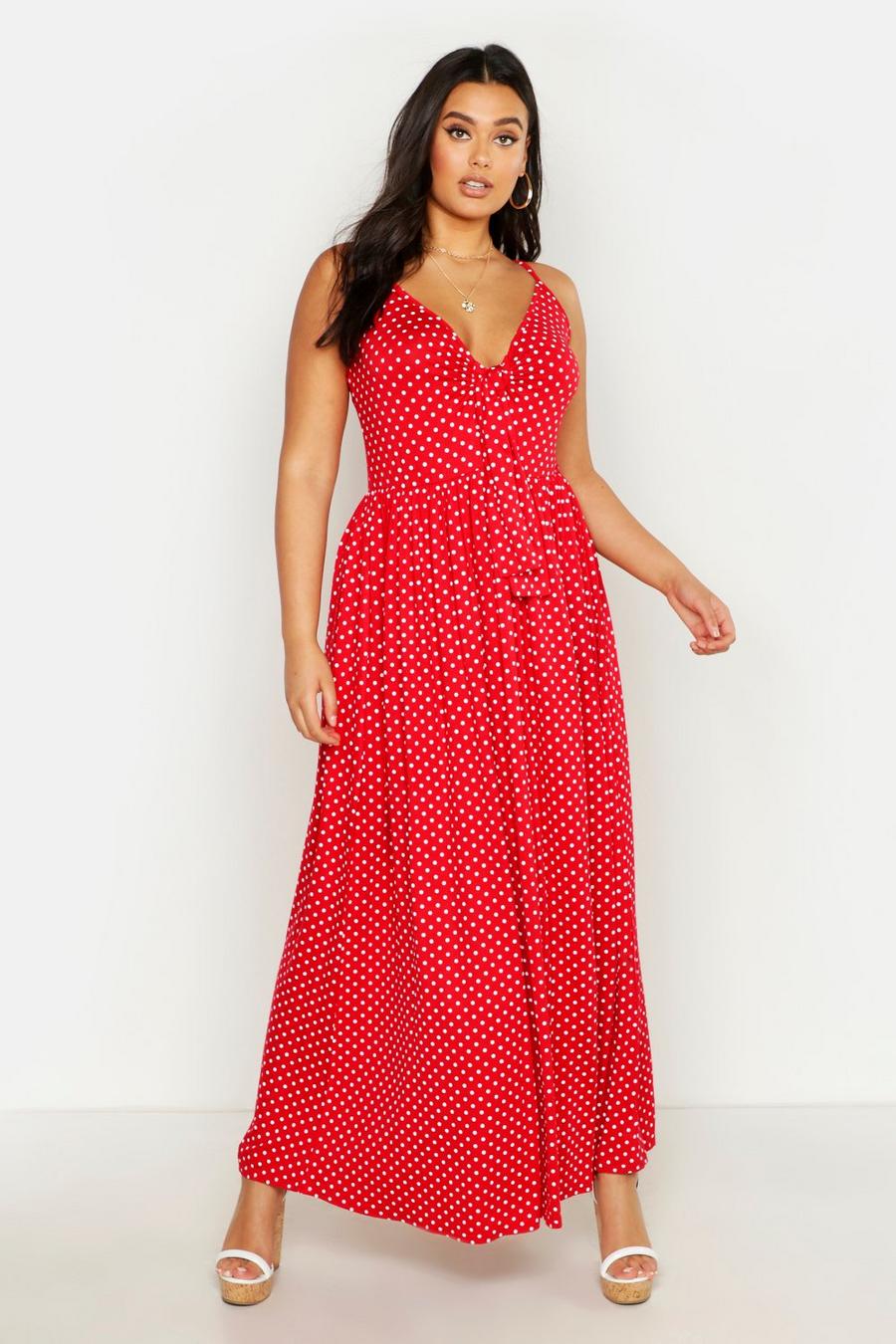 אדום שמלת מקסי עם קשירה בחזית, כתפיות צרות ונקודות פולקה למידות גדולות image number 1