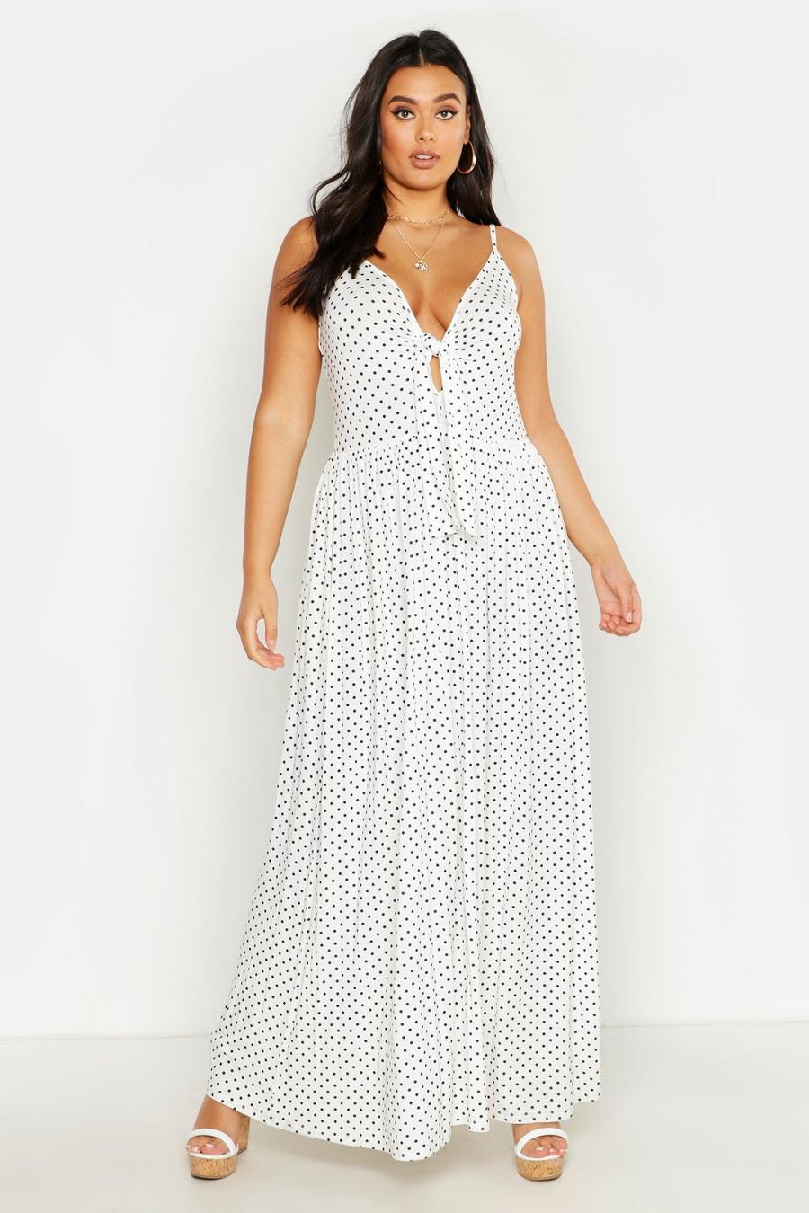 White Plus Polka Dot Strappy Knot Front Maxi Dress image number 1