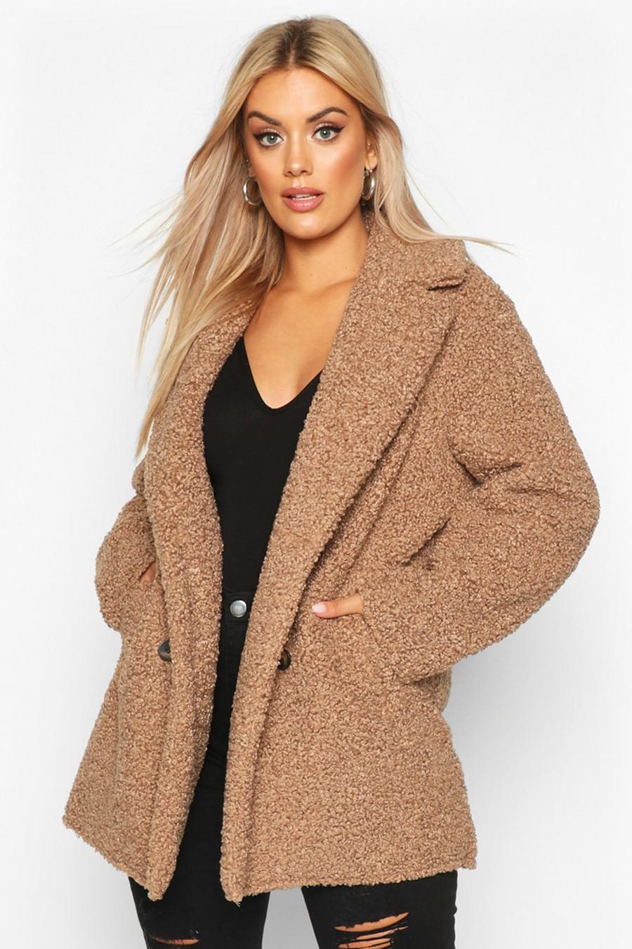 Stone beige Plus Teddy Faux Fur Double Breasted Coat image number 1