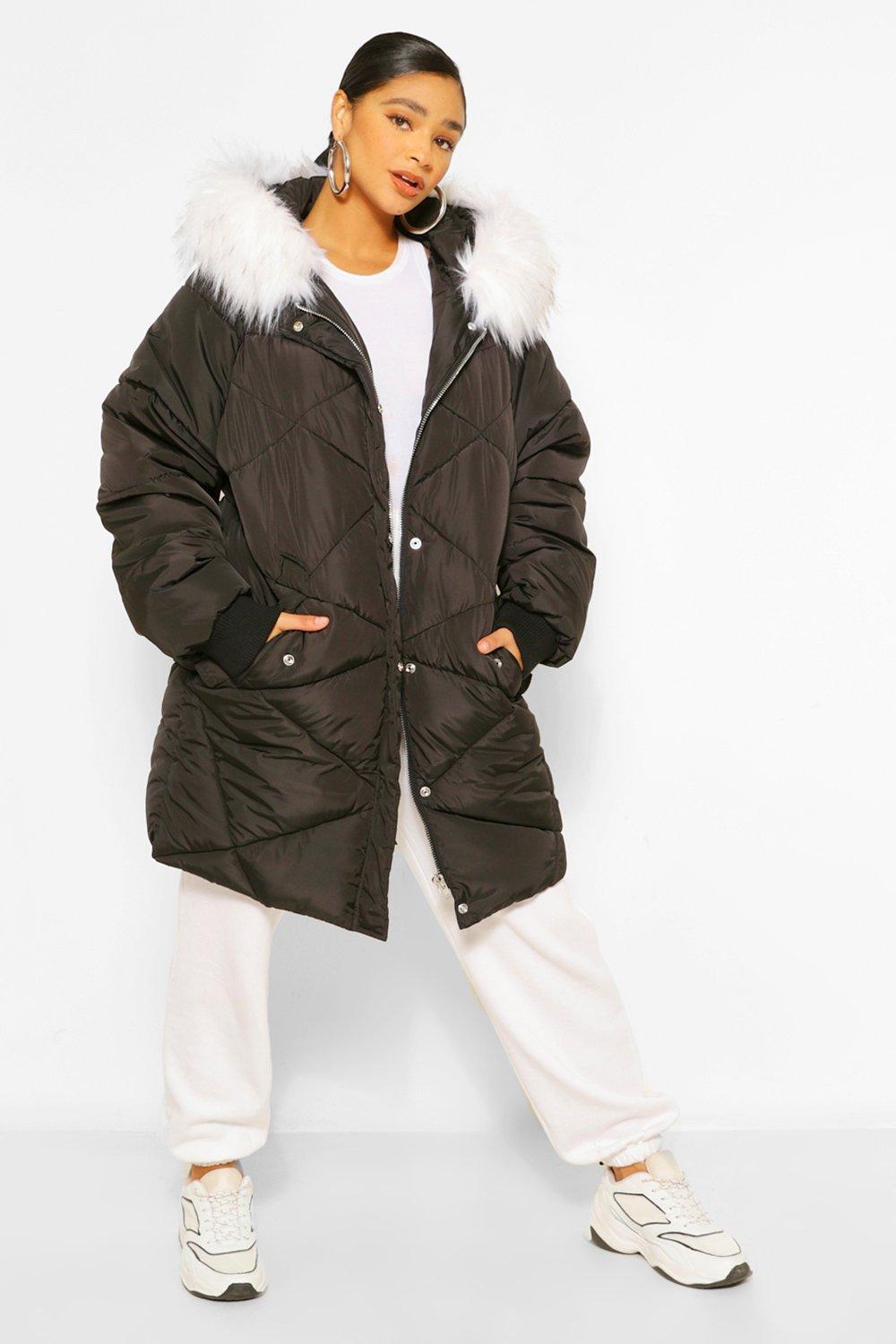 Boohoo padded coat with faux fur hood sale