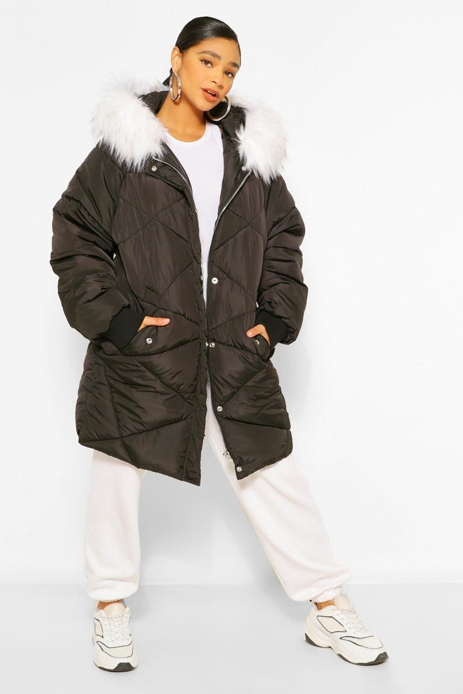 Black Plus Faux Fur Hooded Mid Length Puffer Jacket image number 1
