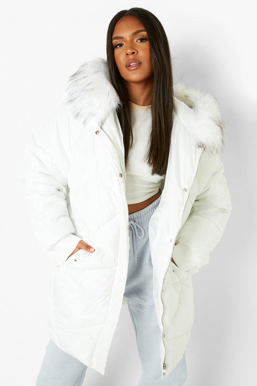 Off white Plus Faux Fur Hooded Mid Length Puffer Jacket image number 1