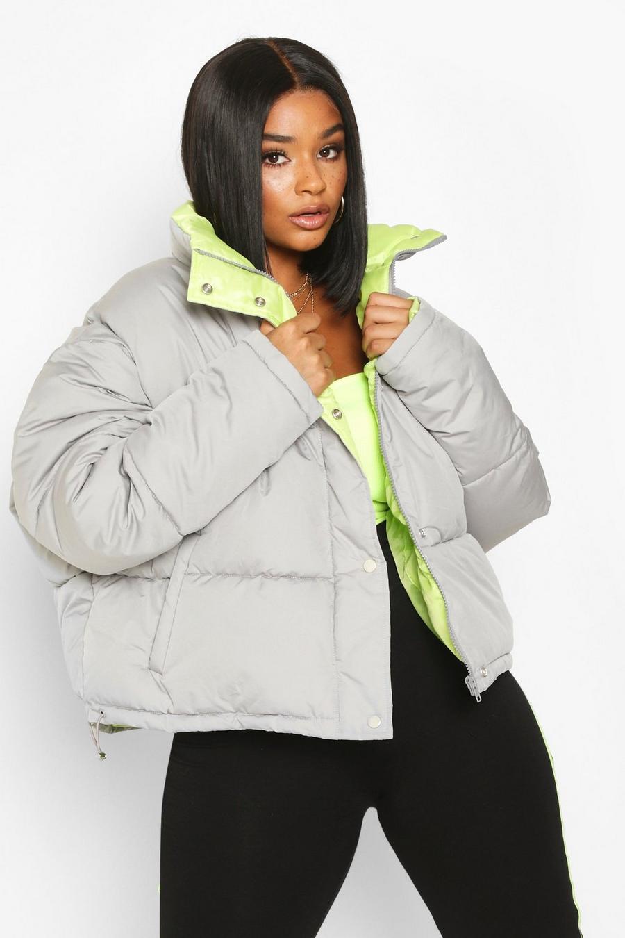 Grey Plus Neon Lined Cropped Puffer Jacket image number 1