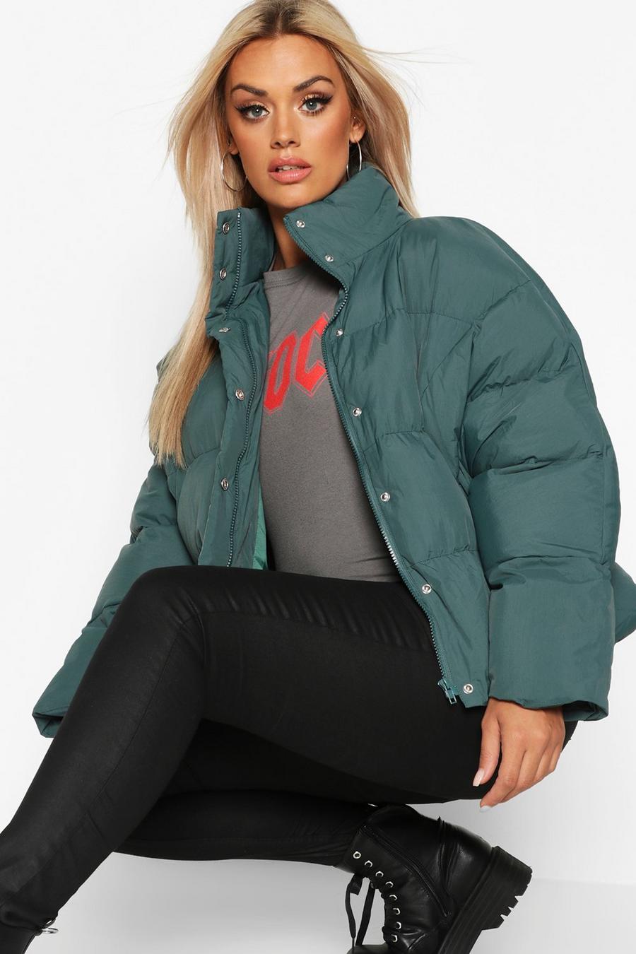 Green Plus Funnel Neck Cropped Puffer Jacket image number 1