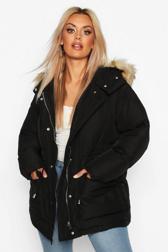 Women S Plus Faux Fur Hooded Drawstring, Boohoo Hooded Faux Fur Coat Black And White