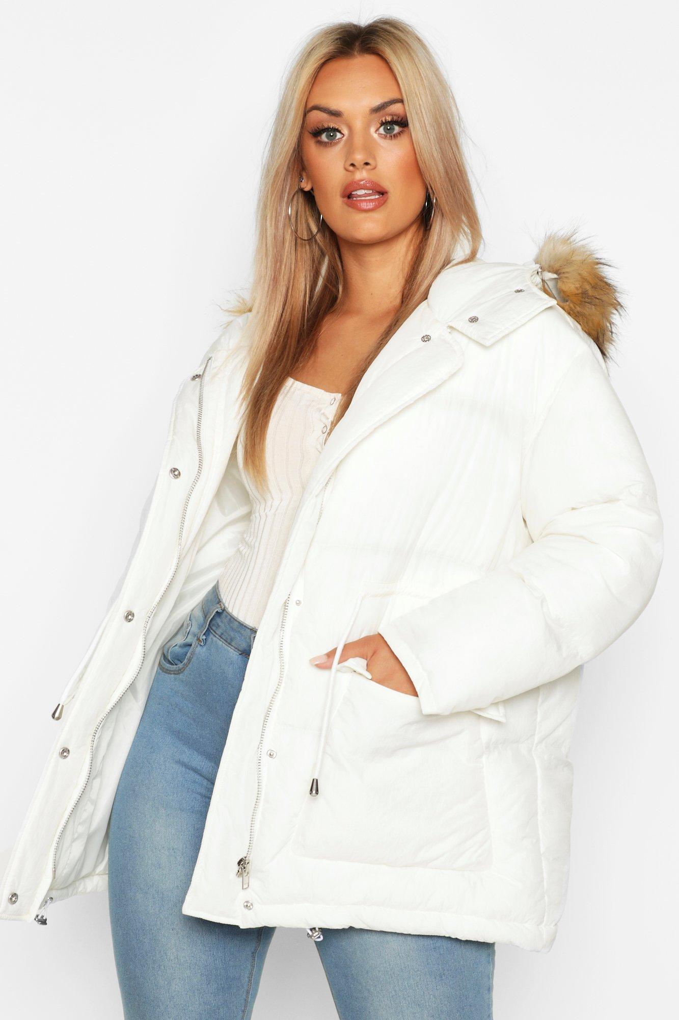 Plus Faux Fur Hooded Drawstring Puffer Parka Coat