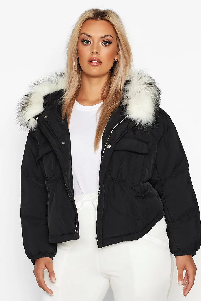 Plus Faux Fur Hooded Pocket Parka, Boohoo Hooded Faux Fur Coat Black And White