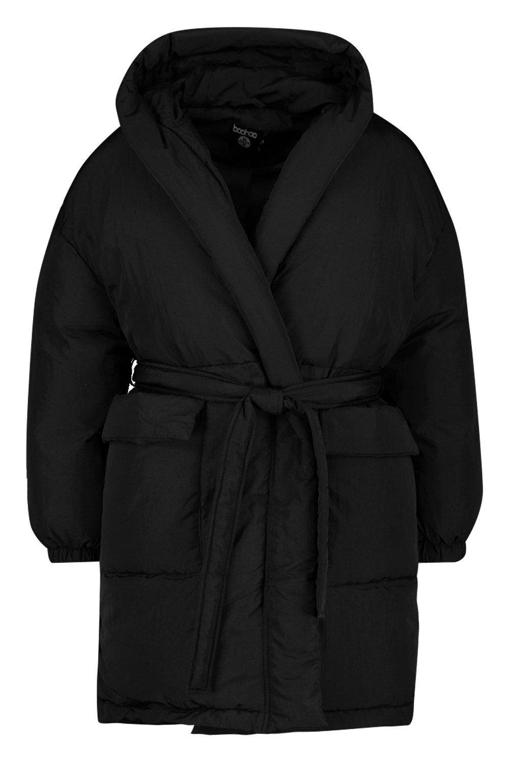 black mid length puffer coat