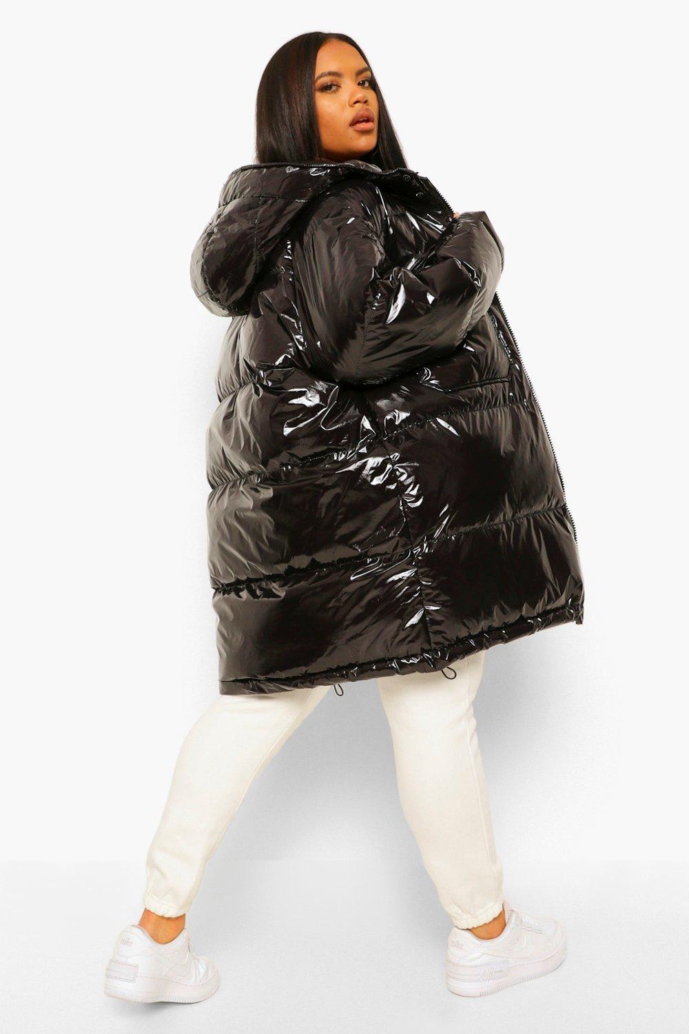 Piumino stile Parka Plus Size effetto lucido con cappuccio in pelliccia sintetica