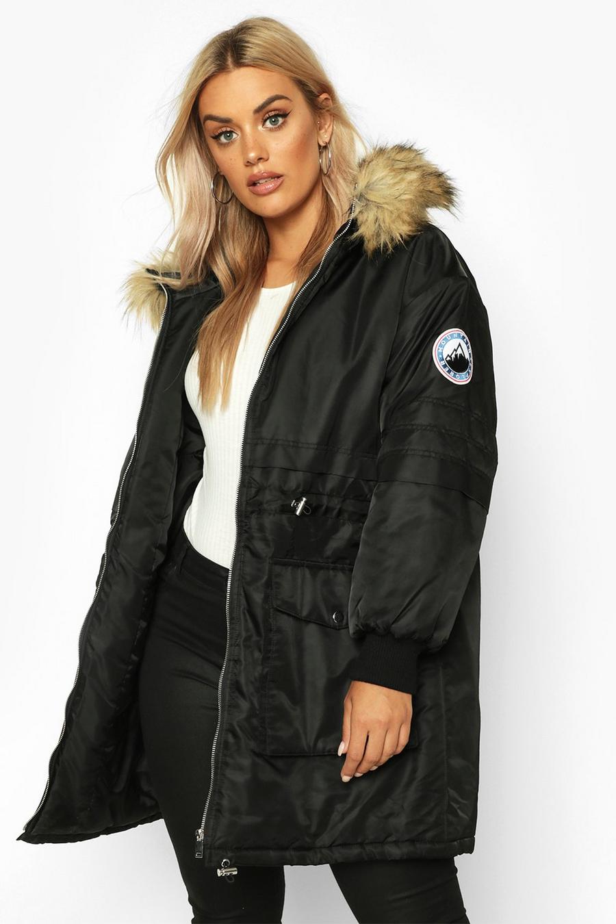 Black Plus Faux Fur Hooded Parka Coat