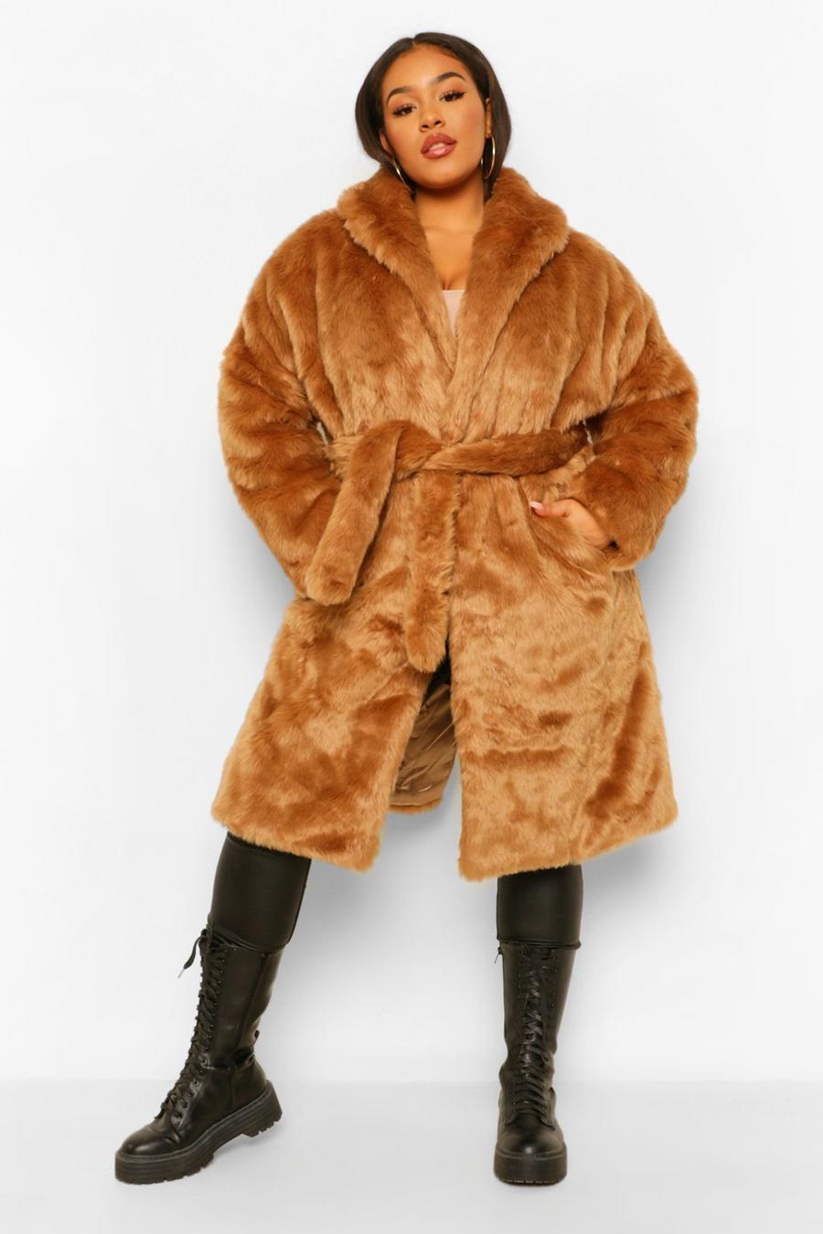 Camel Plus Luxe Shawl Collar Belted Faux Fur Coat image number 1