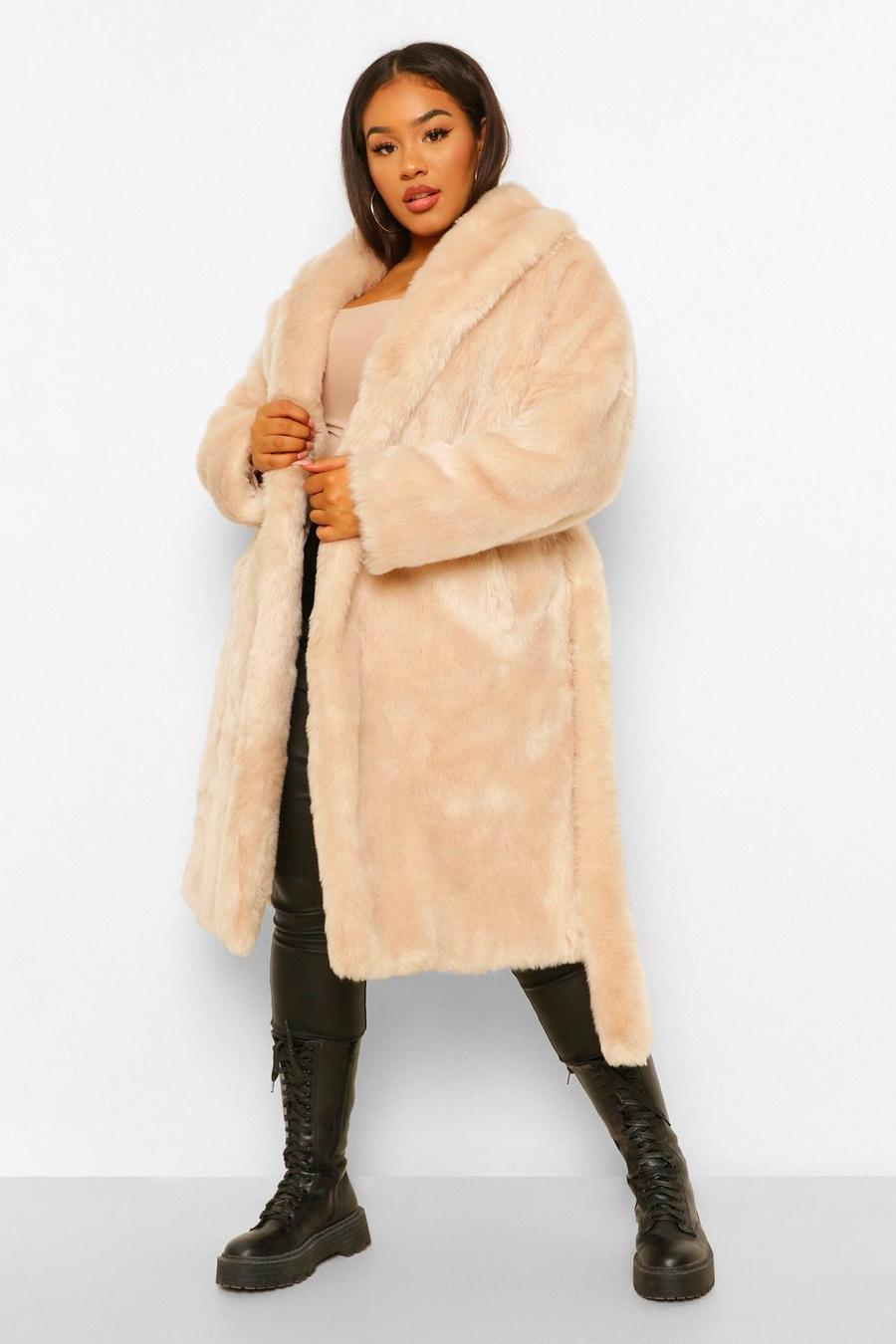 Oatmeal Plus Luxe Shawl Collar Belted Faux Fur Coat image number 1