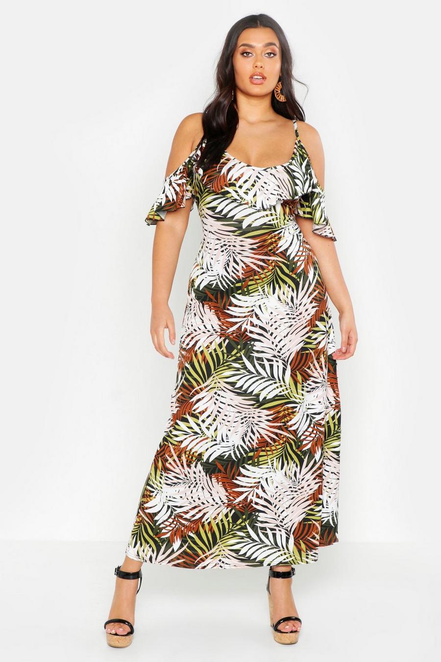 Plus Tropical Palm Ruffle Cold Shoulder Maxi Dress image number 1
