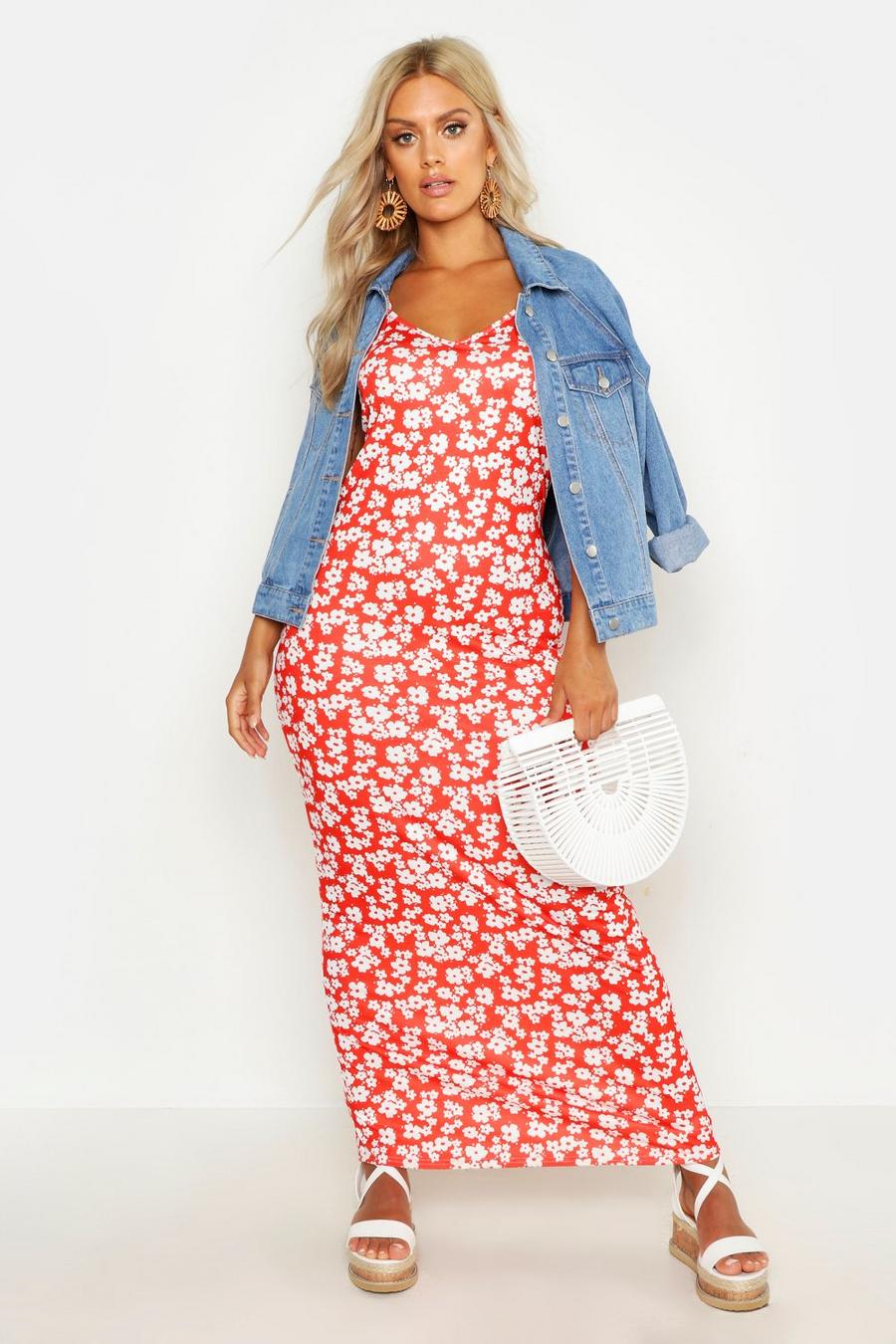 Red Plus Ditsy Floral Printed Strappy Maxi Dress image number 1