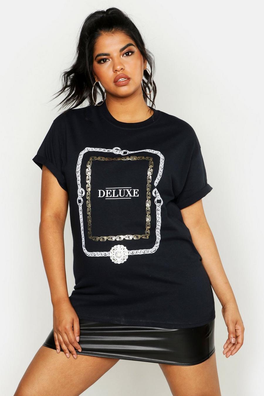 Black noir Plus Foil Print Chain Deluxe Slogan T-Shirt image number 1