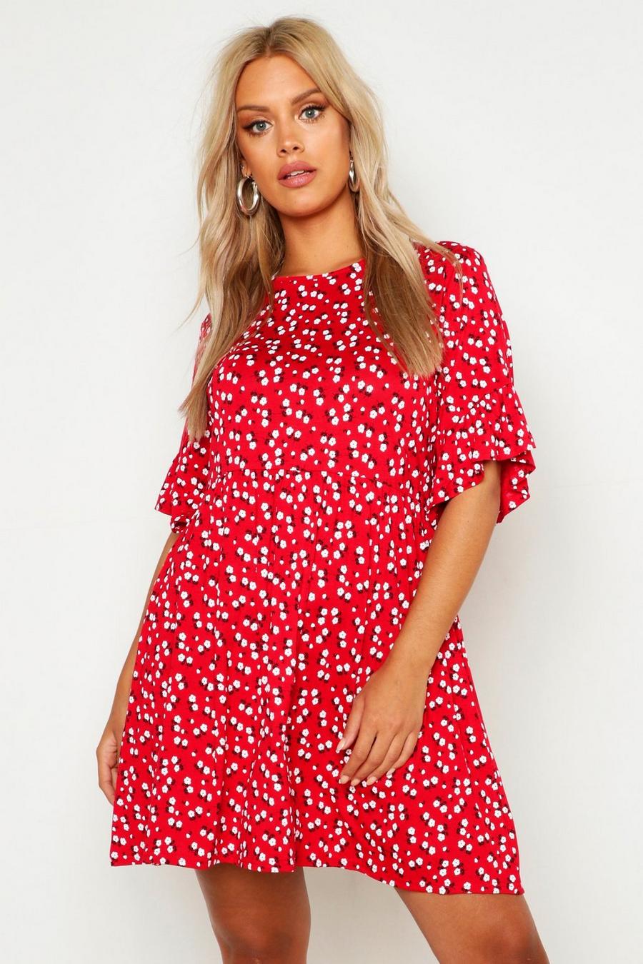 Red rouge Plus Ditsy Floral Smock Dress