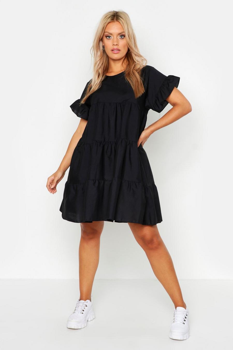 Plus Smok-Kleid aus Baumwollmischgewebe mit Rüschen, Schwarz image number 1