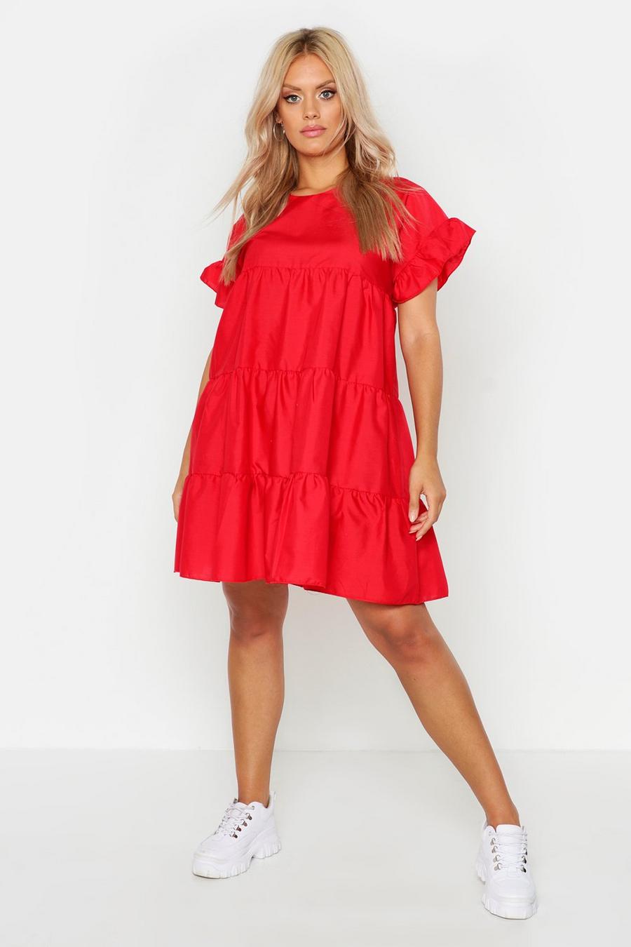 Red Plus Tiered Polycotton Smock Dress image number 1