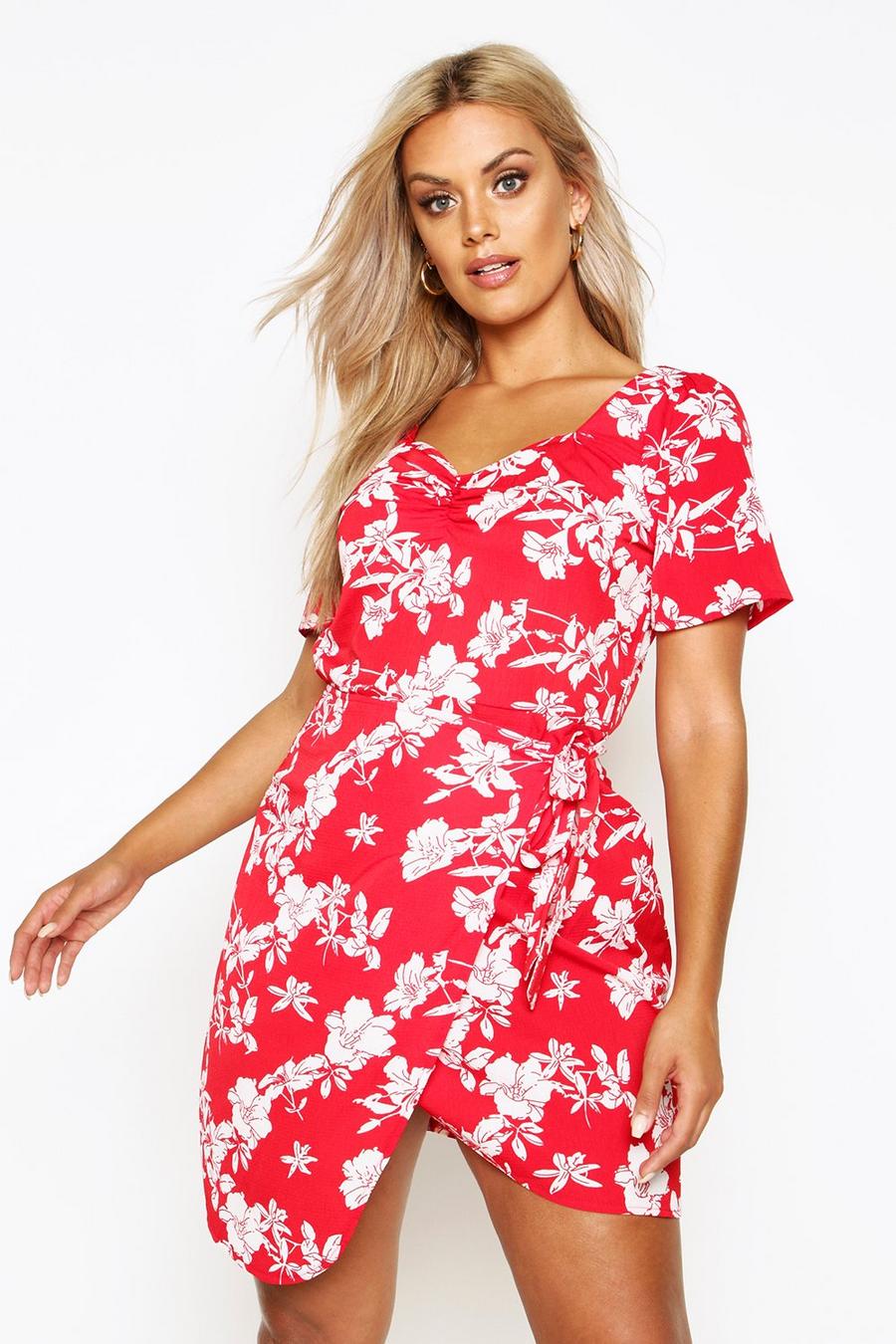 Red rouge Plus Floral Puff Sleeve Skater Dress image number 1