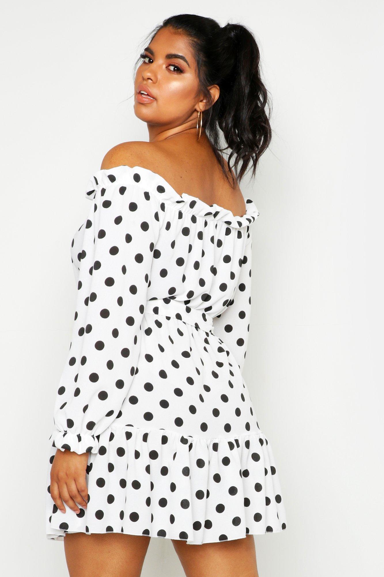 off the shoulder white polka dot dress