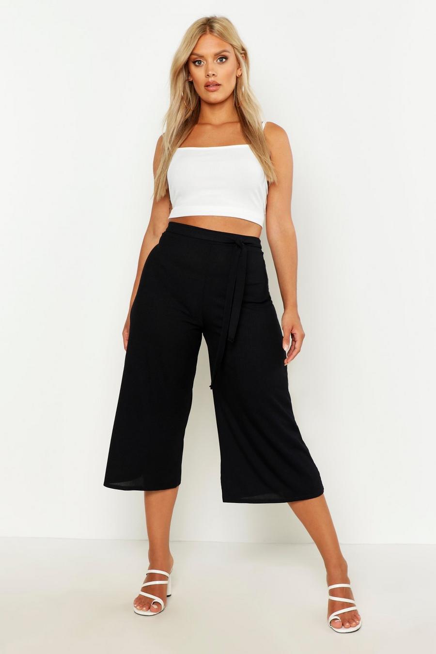 Black noir Plus Rib Self Fabric Belted Culottes image number 1