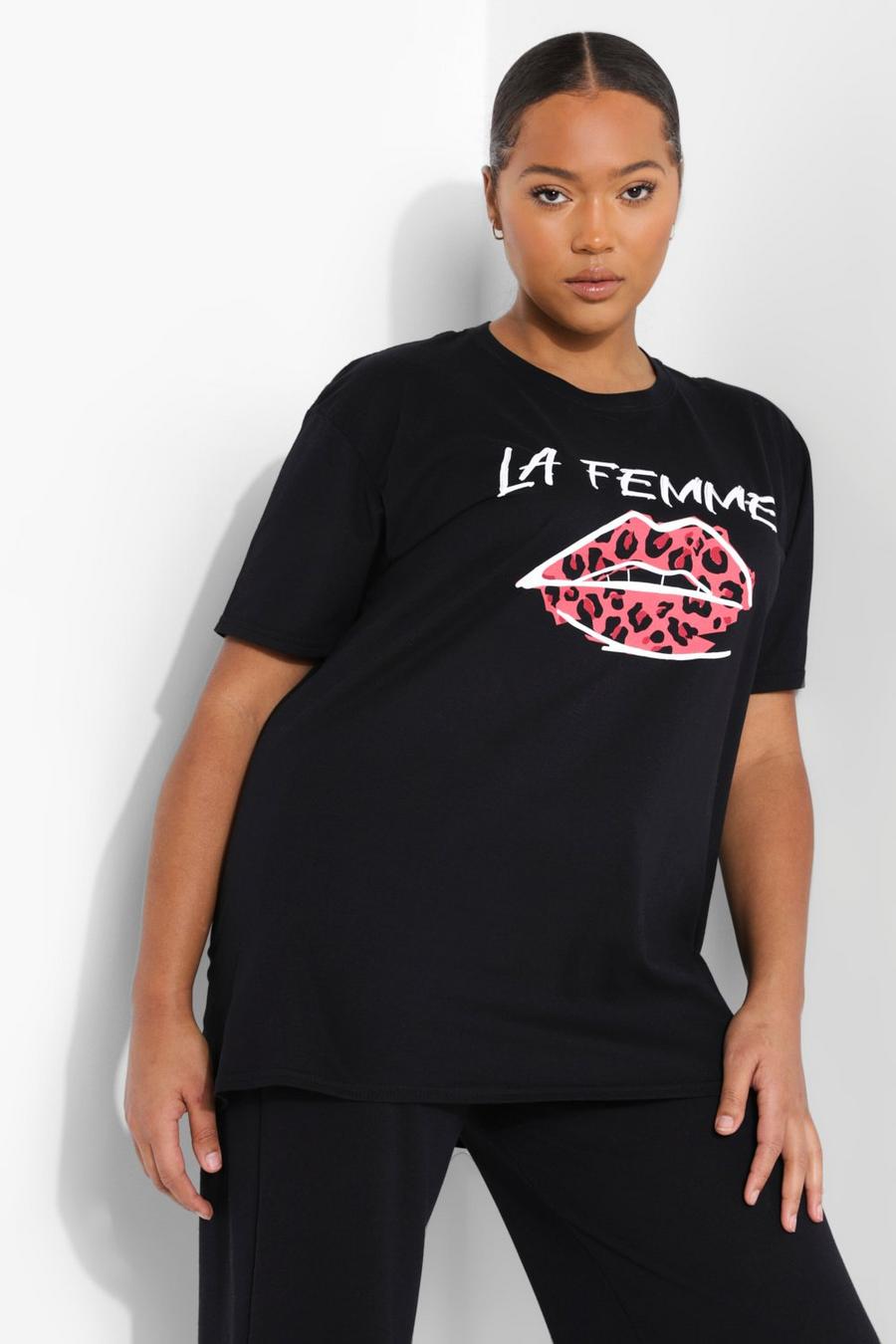 Plus T-Shirt mit Lippen-Print und Slogan, Schwarz image number 1
