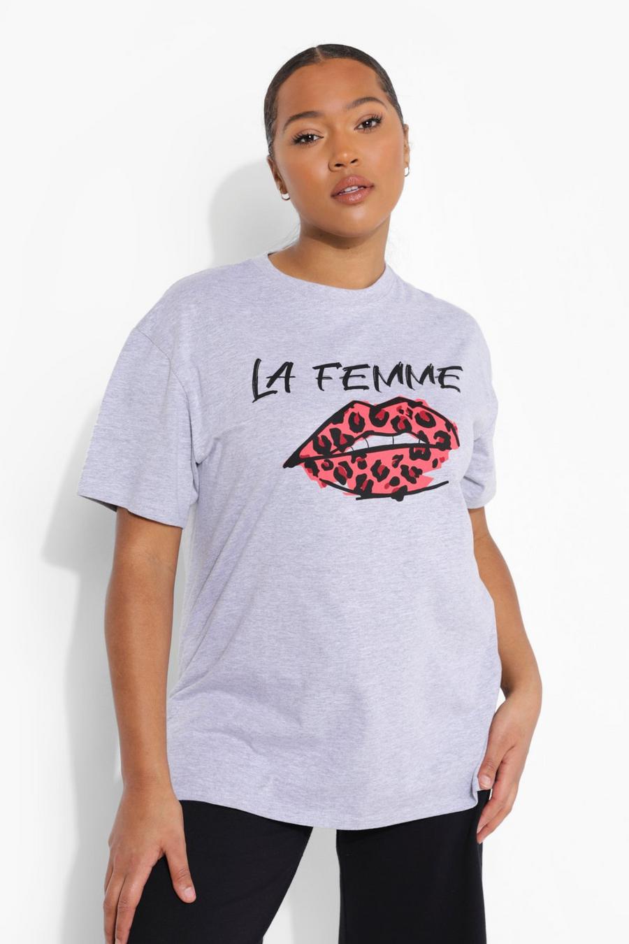 T-shirt Plus Size con labbra e slogan Le Femme, Grigio image number 1