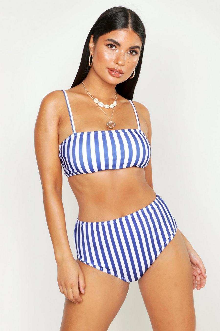 Navy Petite - Randig bikini med fyrkantig halsringning och hög midja image number 1