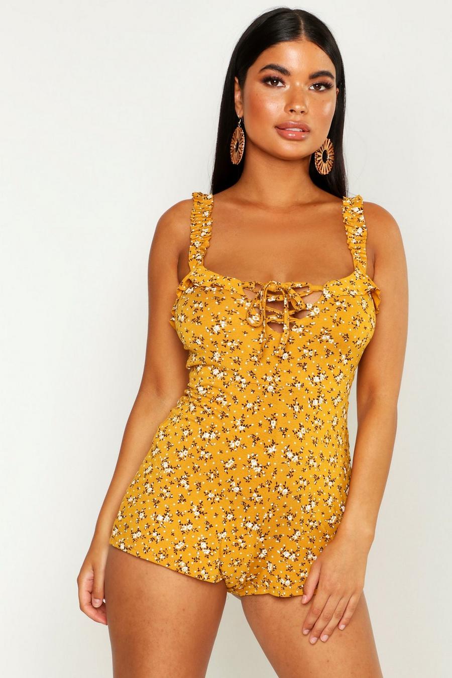 Mustard gelb Petite Floral Frill Playsuit image number 1