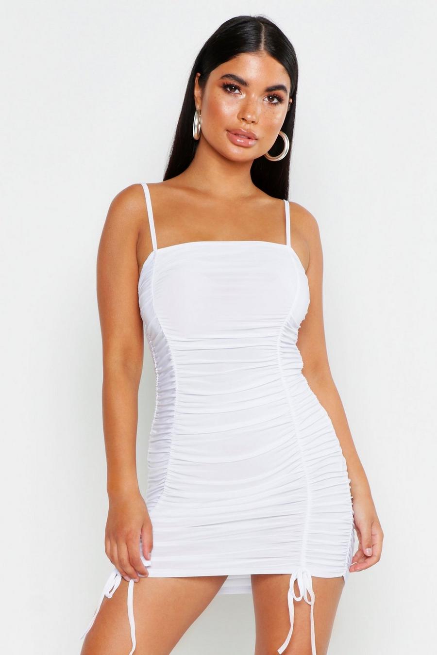 White Petite Ruched Tie Detail Cami Dress image number 1