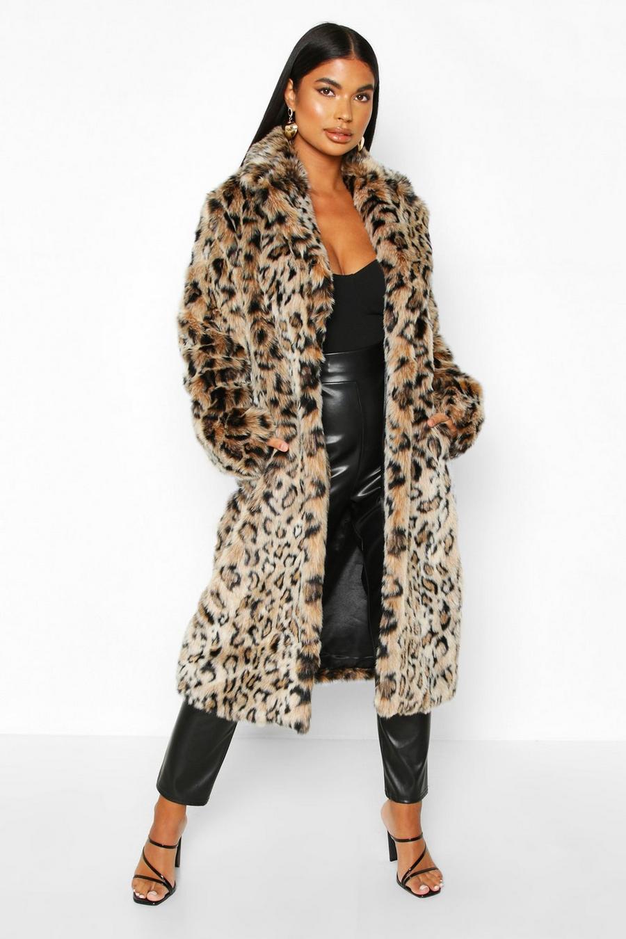 Brown Petite Longline Leopard Print Faux Fur Coat image number 1