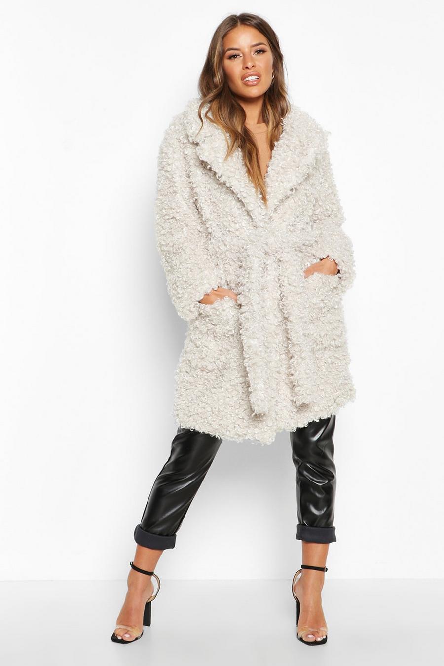Cream Petite Teddy Faux Fur Belted Coat image number 1