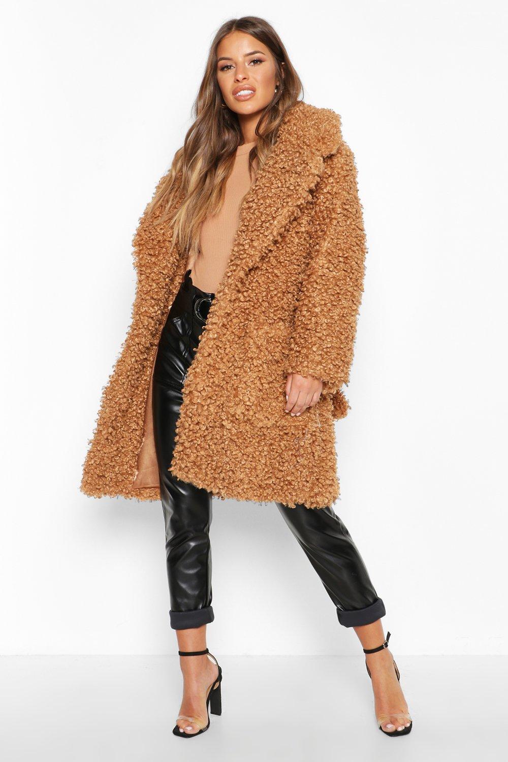 Petite Teddy Faux Fur Belted Coat boohoo NZ