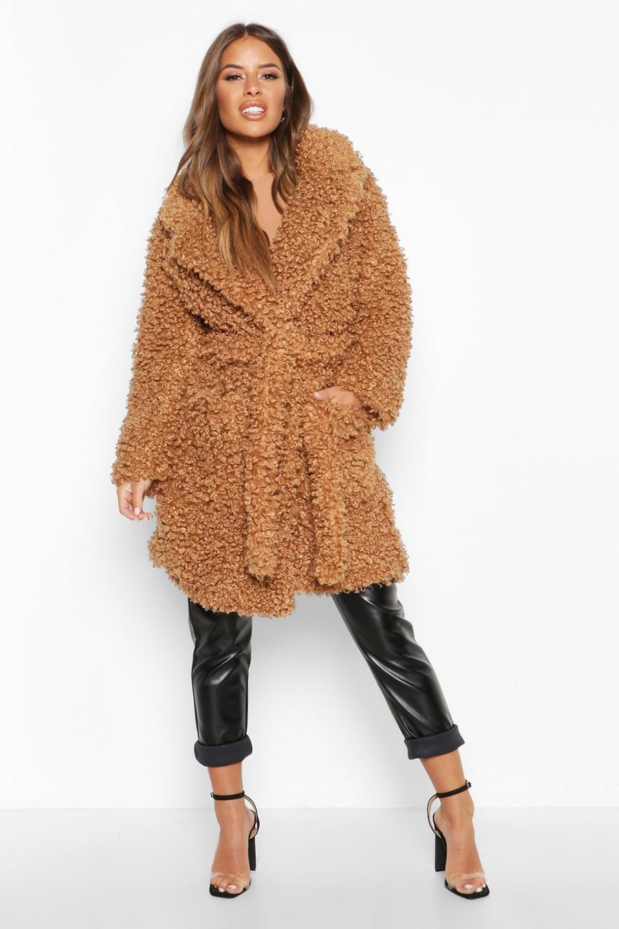 Toffee Petite Teddy Faux Fur Belted Coat image number 1