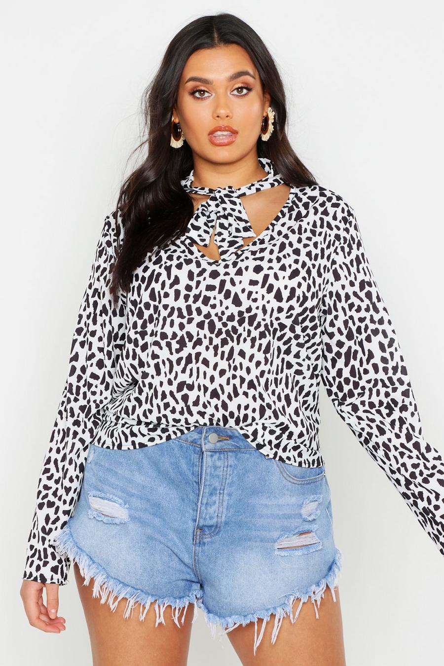 Plus Woven Leopard Pussy Bow Blouse image number 1