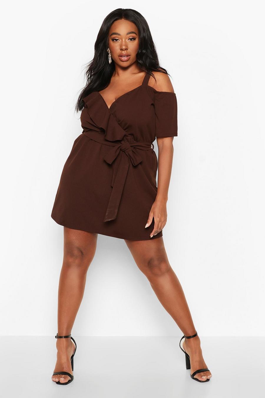 Chocolate Plus Plunge Ruffle Belted Mini Dress image number 1