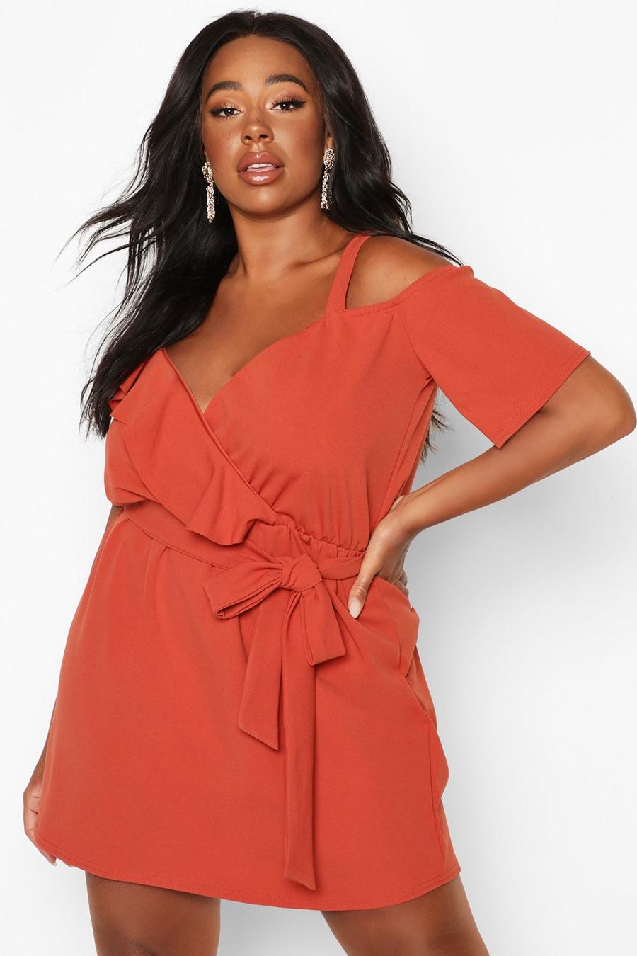 Terracotta Plus Plunge Ruffle Belted Mini Dress image number 1