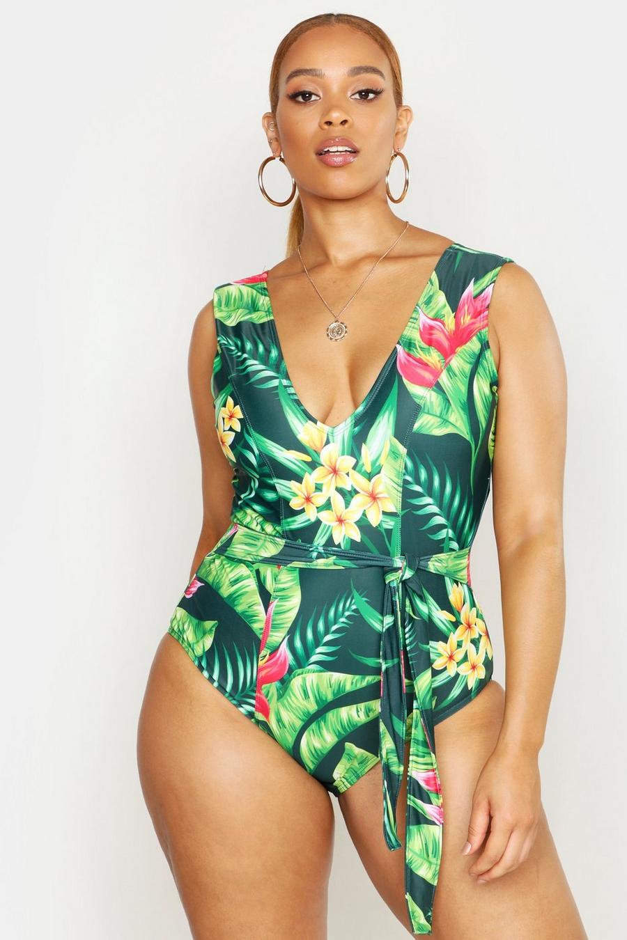 Green Plus Tropical Tie Waist Plunge Swimsuit image number 1